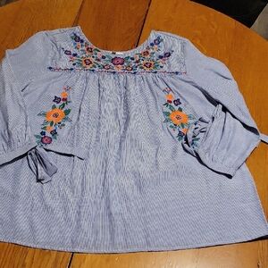JODIFL Blue Blouse with Floral Embroidery